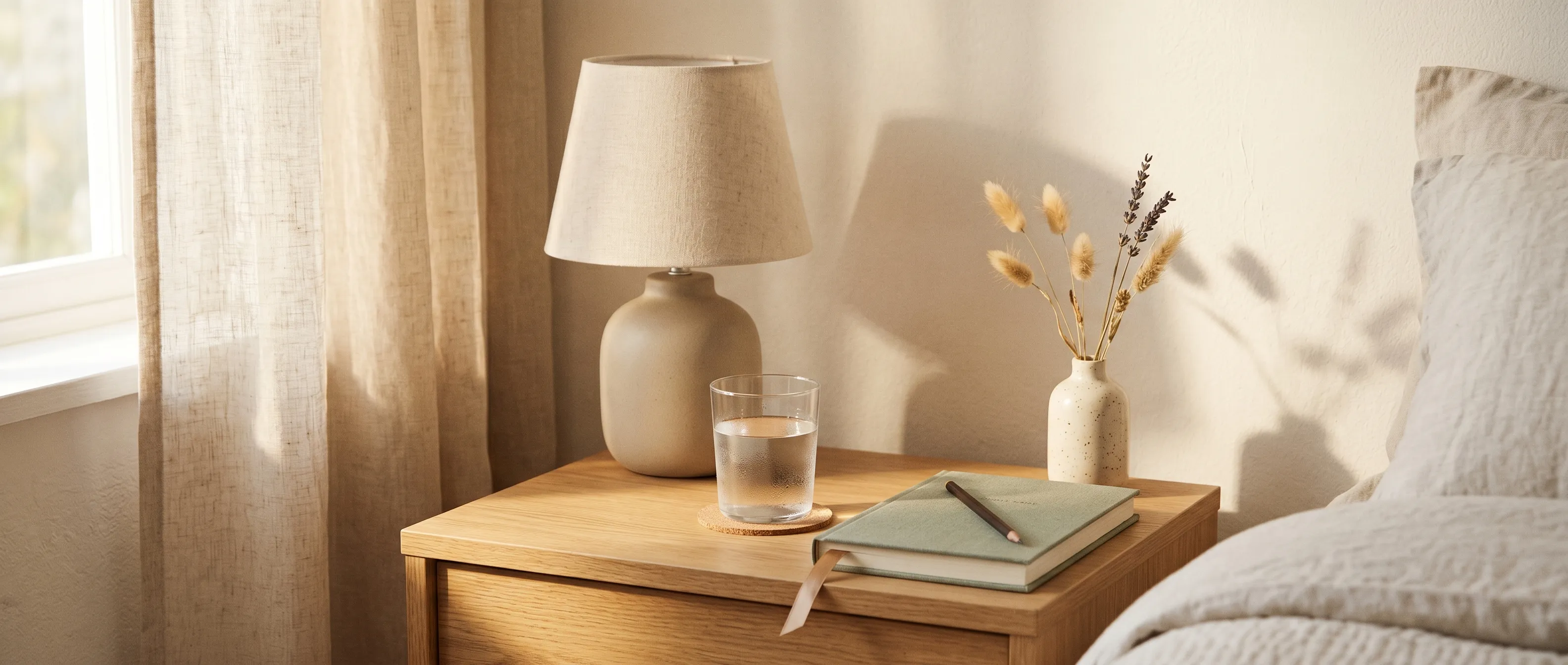 Serene bedside scene at dawn with a warm ceramic lamp, water glass, journal, and dried grasses in morning light